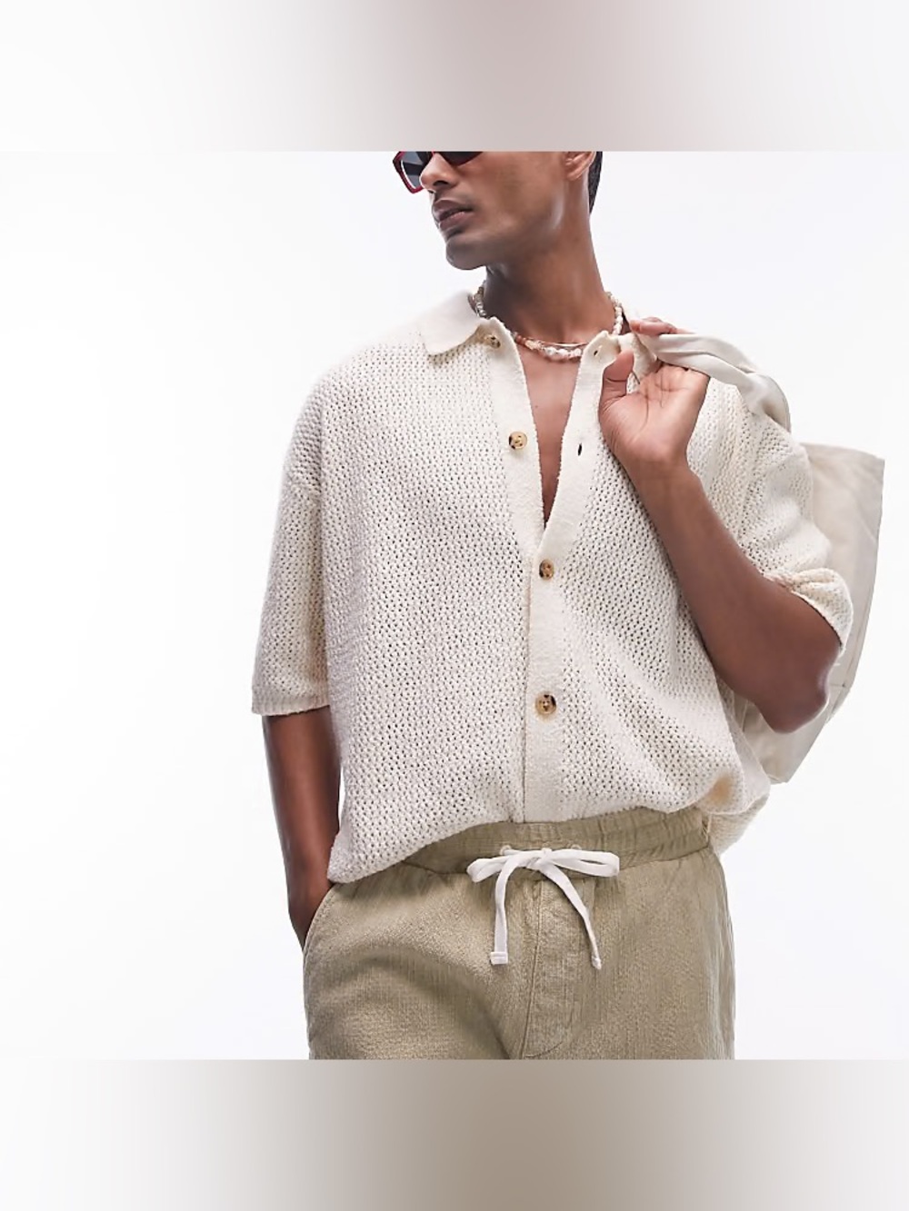 Top Man Button Through Crochet Shirt Cardigan Ecru Soft Minimalist Beachy Knit
